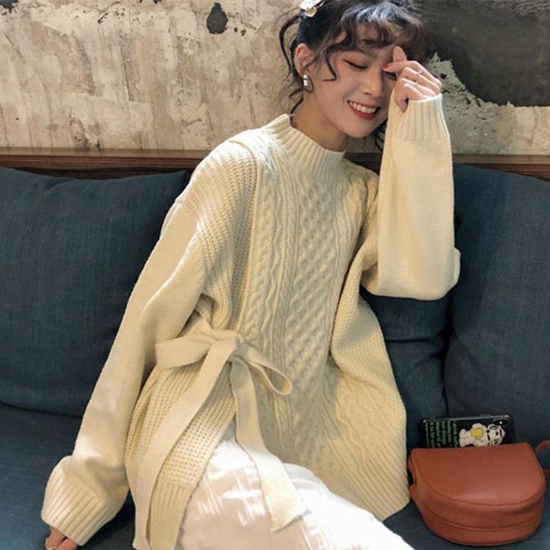 All-match Loose Autumn  Winter Twist Sweater Knit Sweater Casual Female Students Long-sleeved Design Sense Split