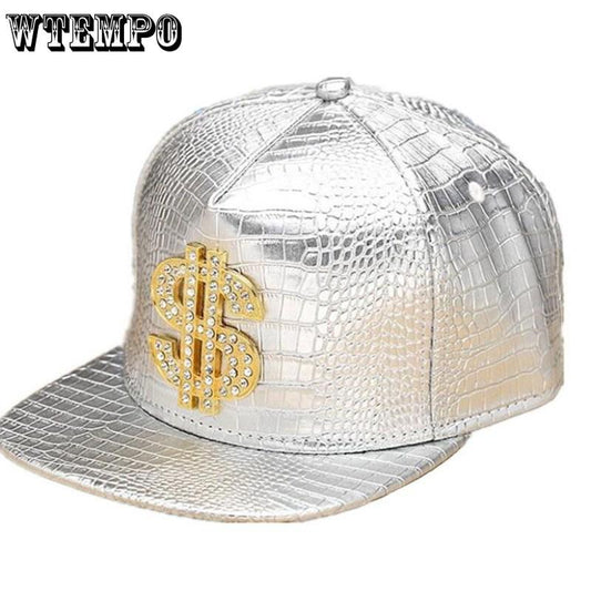 Vogue Dollar Logo Crocodile hip hop rap PU Leather Hats Gold Rhinestone Street DJ Money Baseball Cap
