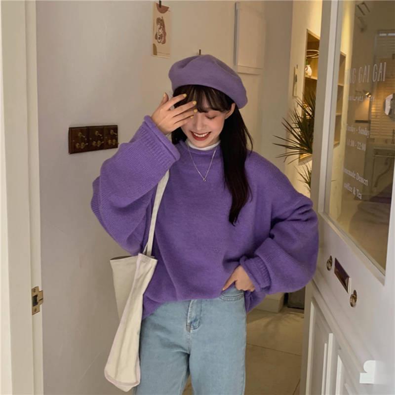 Pofulove Candy Color Sweater Autumn Winter Korean Loose Lazy Curled Long-sleeved Round Neck Sweater
