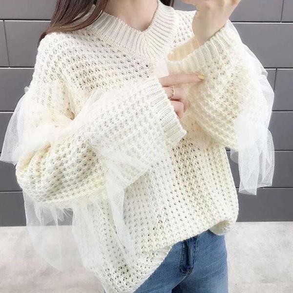 Hollow Lace Stitching Sweater Autumn and Winter Fashion Bottoming Shirt Solid Color Long-sleeved V-neck Sweater Casual All-match Top