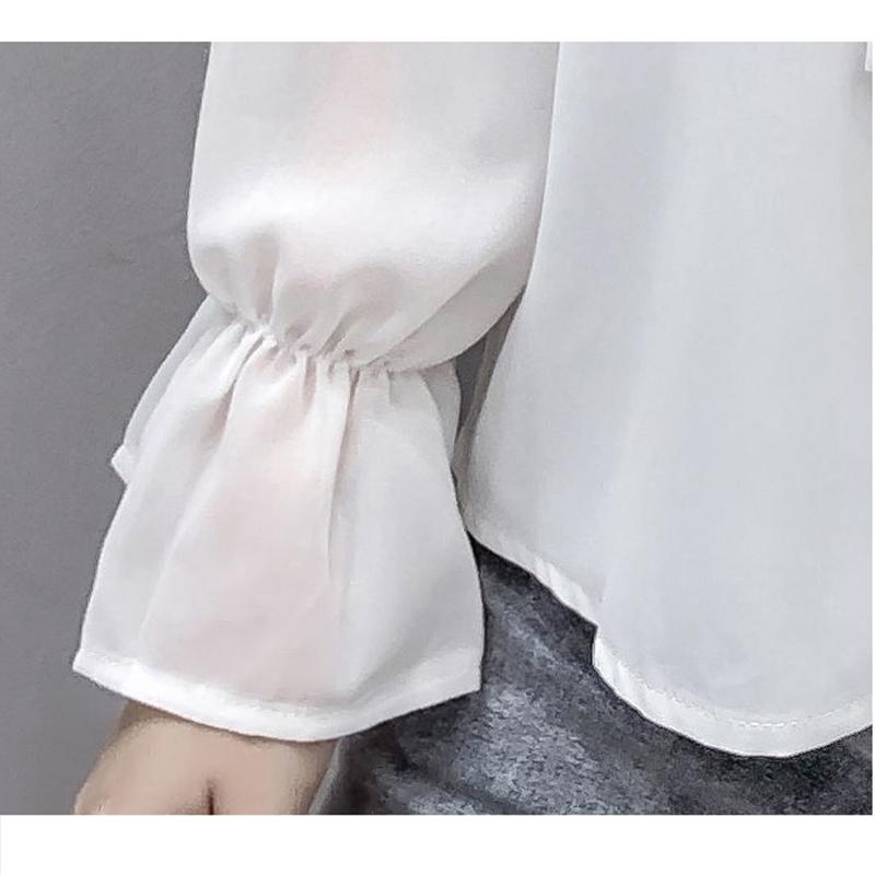 Spring and Summer Tied Wide Loose Long-sleeved Bow-knot Shirt Female Design Sense Niche Chiffon Shirt Top Trumpet Sleeve Bow Neckline Lady