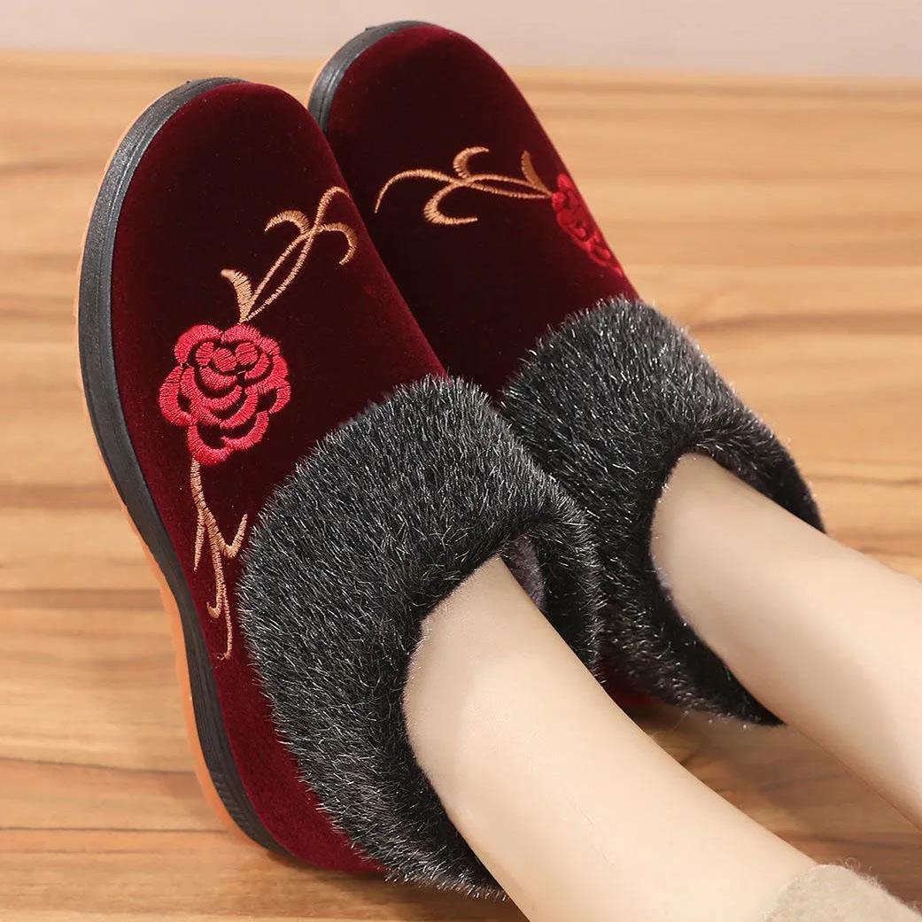 Women's Winter Flat Cotton Shoes Female Large Size Plush Thickened Soft Sole Anti Slip Embroidered Cotton Shoes