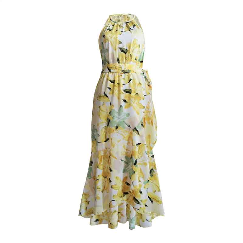 Summer Fashion Print Dress Sling Dress Casual Lace Up Waist