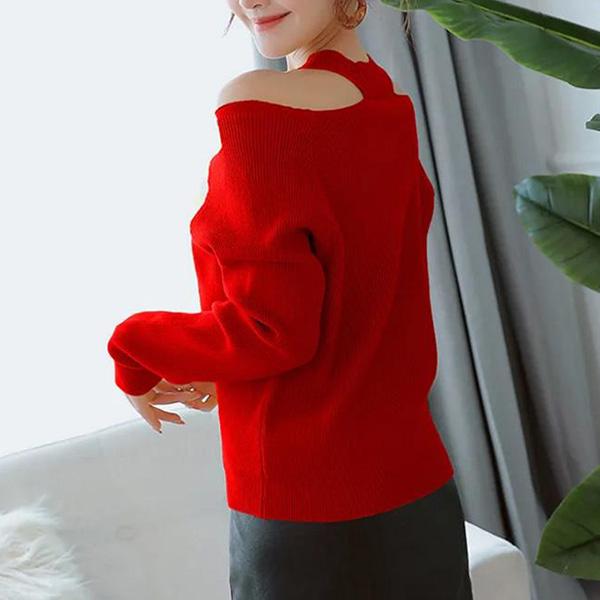Spring and Autumn Hollow Halter Top Sexy Strapless Solid Color Base Shirt Women Round Neck Long Sleeve Comfortable Sweater