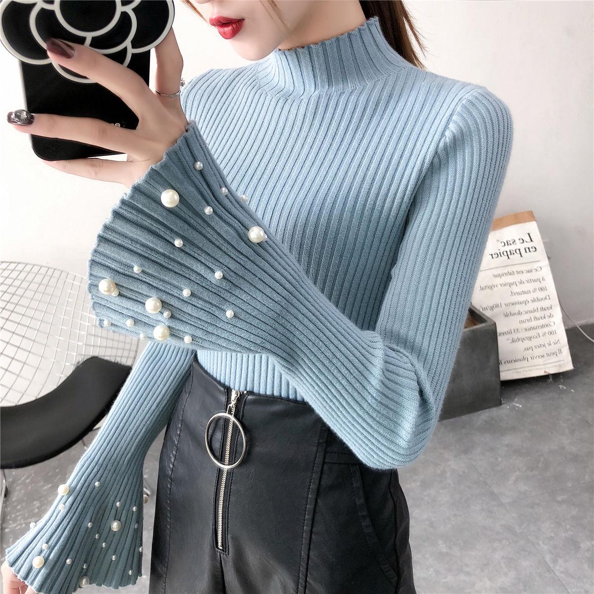 Flared Sleeves Pullover Sweater Women Autumn and Winter Slim Beaded Sweater All-match Bottoming Shirt