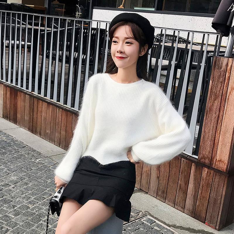 Autumn Winter Women's Knitted Pullovers Sweater O-NECK Lantern Sleeve Mink Cashmere Thick Keep Warm