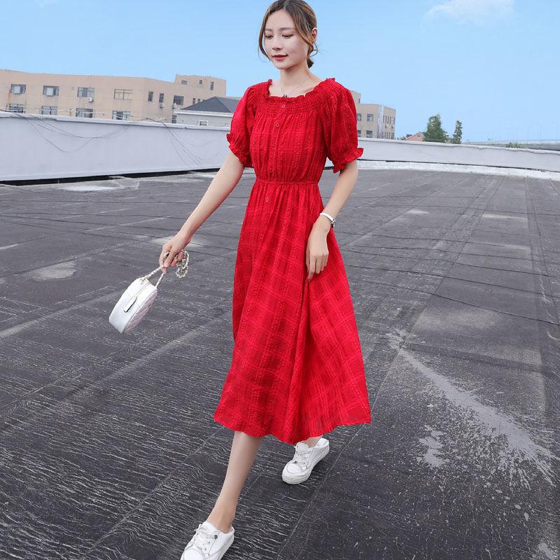 One-word Leaky Shoulder Short-sleeved Red Plaid Long Skirt with Waist and Thin Temperament Chiffon Fairy Dress A-line Skirt with Large Skirt