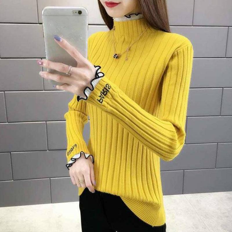 Women's Green Lace Turtleneck Pullover Sweater Winter Bottoming Fake Two Slim Knitted Sweaters Warm