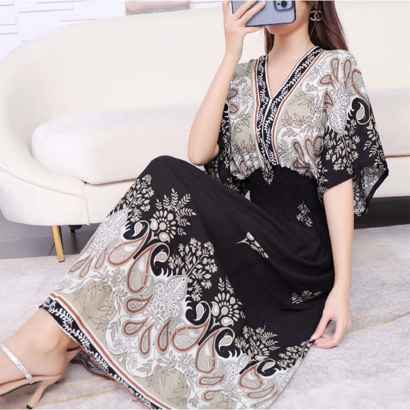 Cotton Silk Dress Mid Length Beach Dress Large Floral Sea Long Dress Mom Casual Wear