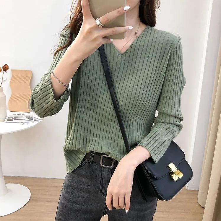 Autumn Winter V-neck Women Pullover Sweater Knitting Sweaters Casual Loose Korean Jumpers Winter Inside Bottoming Tops Long Sleeve Solid Basic Top