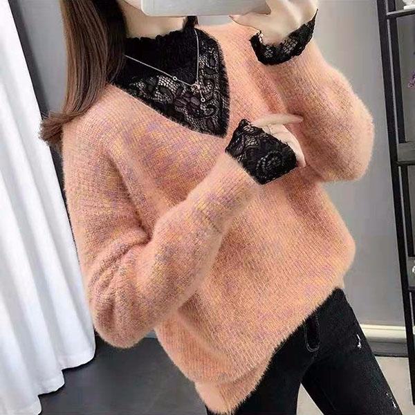 Imitation Mink Velvet Sweater Women Fake Two-piece Lace Stitching Turtleneck Pullover Sweater Colorful Bottoming Outer Wear Knitted Sweater Coat