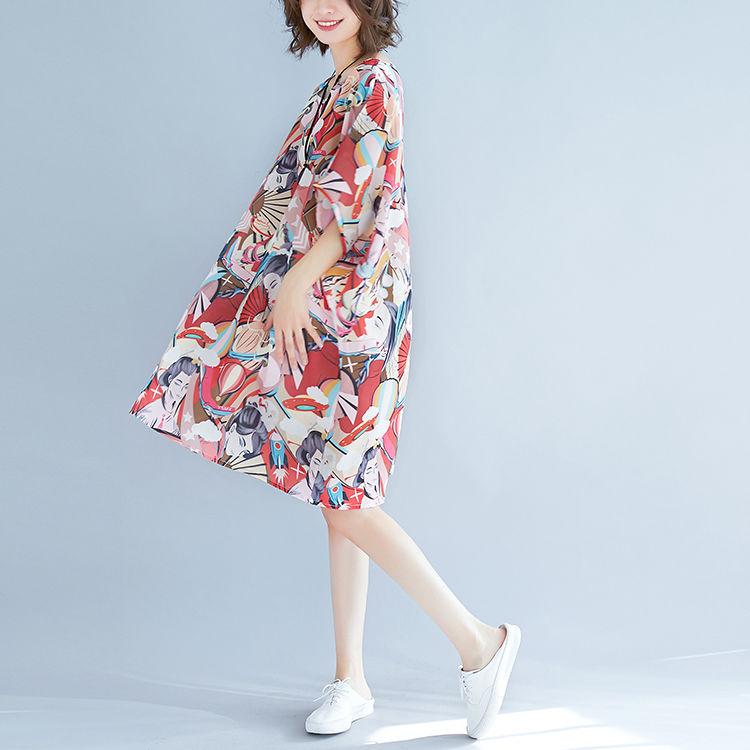 Printing  XL-XXXXXXL Summer Polyester Short-sleeved Knee-length A-line Dress