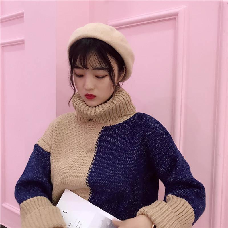 Pofulove 3 Colors Warm Short Section Hit Color TurtleNeck Loose Knitted Blouse Thicken Sweaters