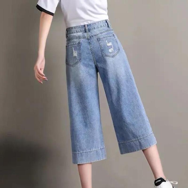 Cropped Jeans Women's Summer Thin Section Large Size Loose Mid-pants High-waist Wide-leg Pants Women Korean Straight-leg Jeans