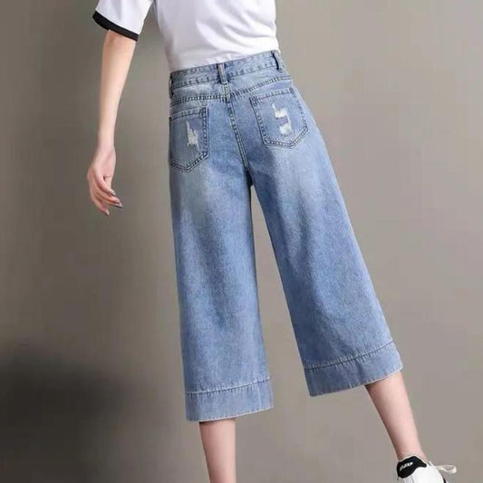 Cropped Jeans Women's Summer Thin Section Large Size Loose Mid-pants High-waist Wide-leg Pants Women Korean Straight-leg Jeans