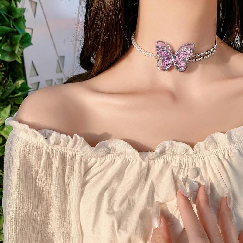 Purple Butterfly Pearl Necklace Women's Choker Necklace Clavicle Chain Simple Collar Beaded Necklace Send Friend Collar Personalized Ornaments