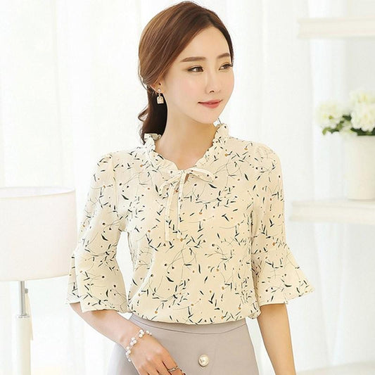 Summer Women Tops Floral Print Chiffon Blouse Bow Short Sleeve Plus Size Tops