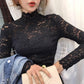 Autumn Spring Half High Neck Red Lace Bottom Blouse Sexy Hollow Out Long Sleeve Slim Pullover Shirt