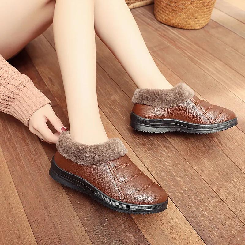 Cotton Shoes Women's Winter Plus Velvet Thickened PU Surface Waterproof and Ski Boots Thick-soled Cotton Shoes