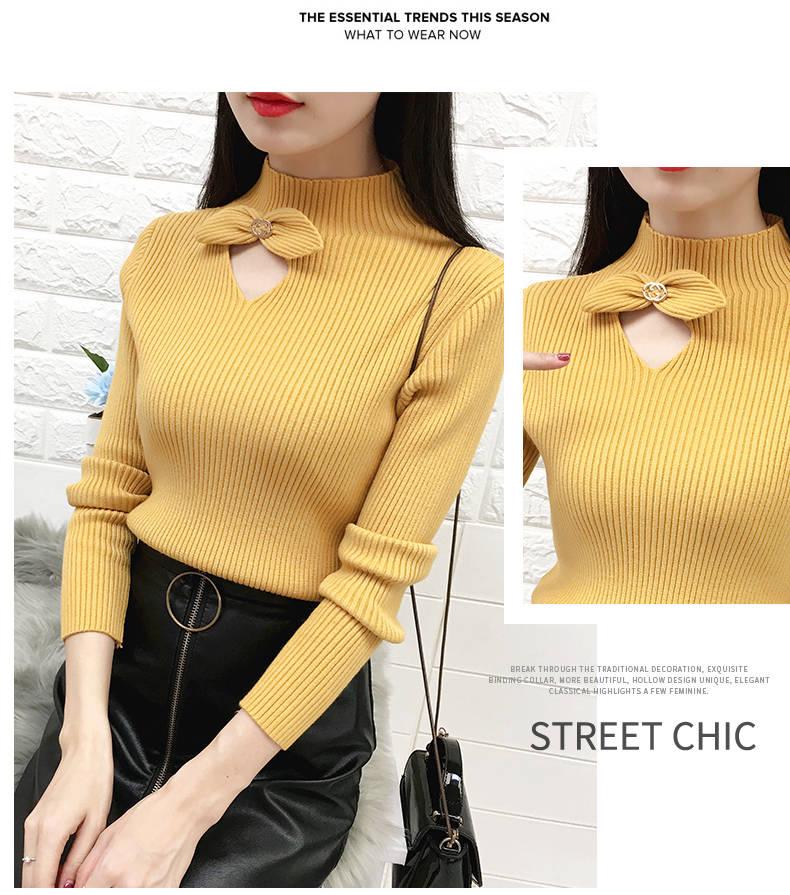 Pofulove Winter turtleneck sweater bow hollow Slim bottoming Knitted pullover short sweater women