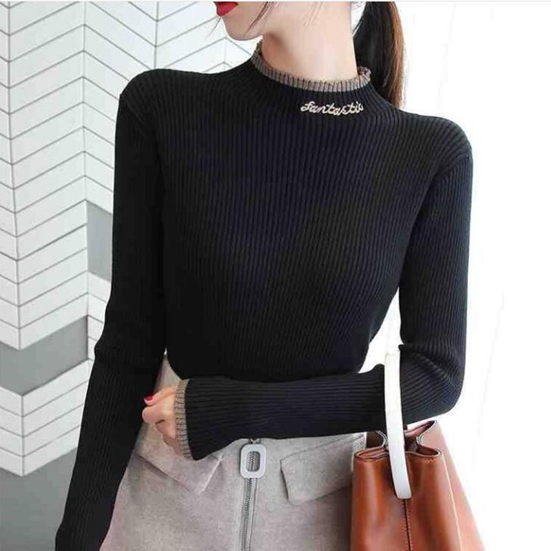 Women's Embroidered turtleneck sweater long sleeve Pullover slim bottoming  jumper top winter