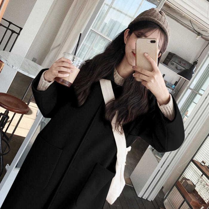 Spring & Fall Woolen Coat Solid Color Long Jacket Trend Temperament Top Casual Slim Windbreaker Over The Knee