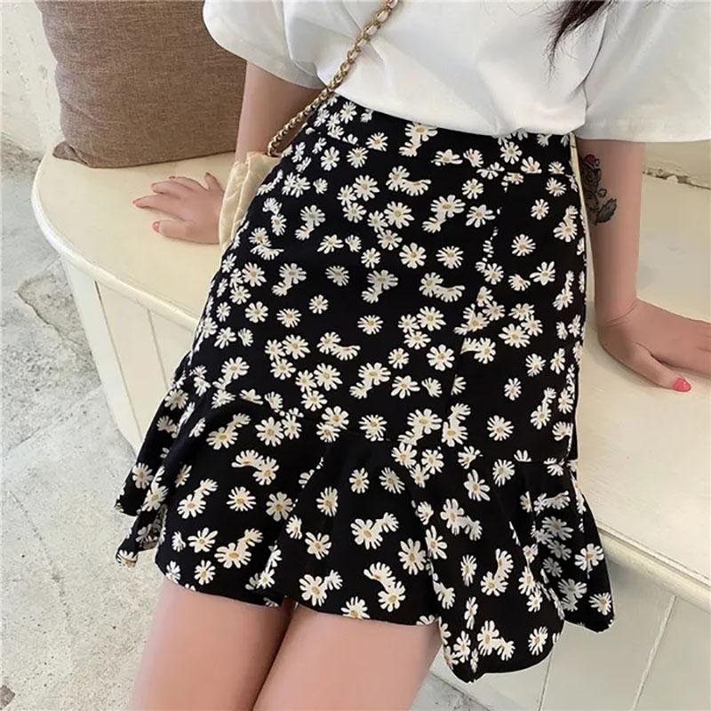 Women's Summer Daisy A-line Skirt Female Large Size Loose High Waist Thin Skirt Girls Breathable Casual Travel Skirt