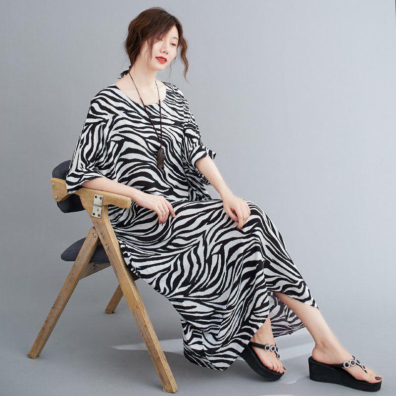 WTEMPO Zebra Pattern Plus Size Ladies Dress Summer Round Neck Long Dress Casual Mid-calf Length