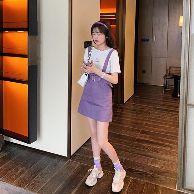 Summer Women Skirts 2020 Casual Purple Suspender Overall Vest Jumpsuit Braces Skirt Lady Preppy Style Skirt