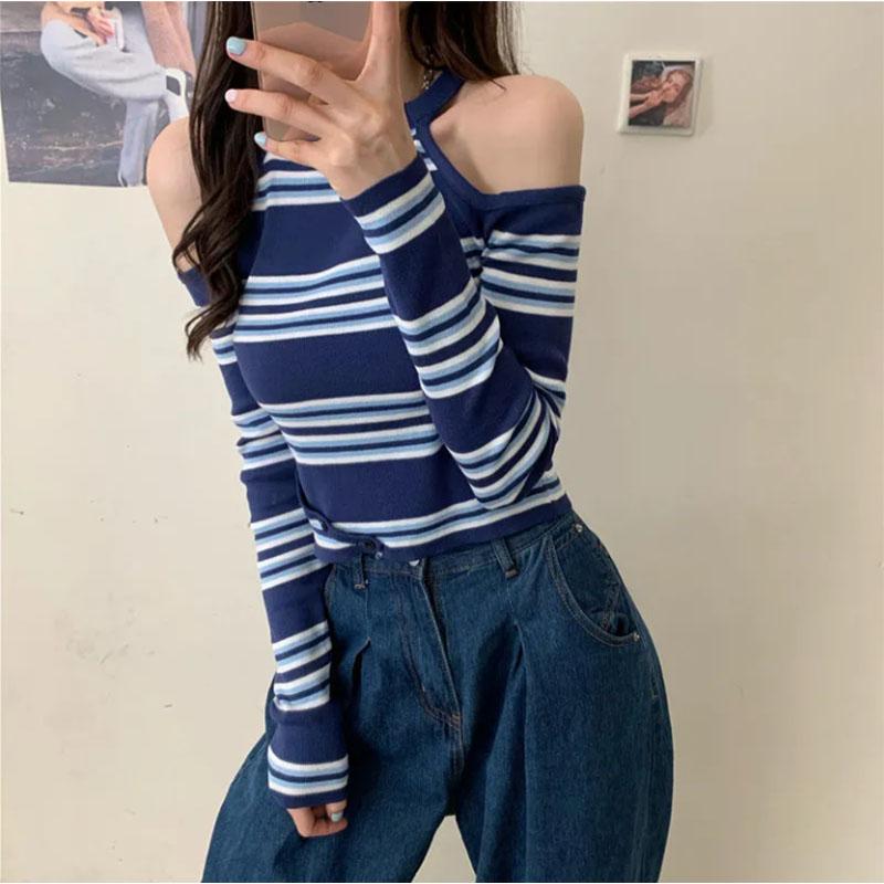 Design Striped Long-sleeved T-shirt Women Halter Neck Slant Button Off-shoulder Cropped Top Knitted Sweater