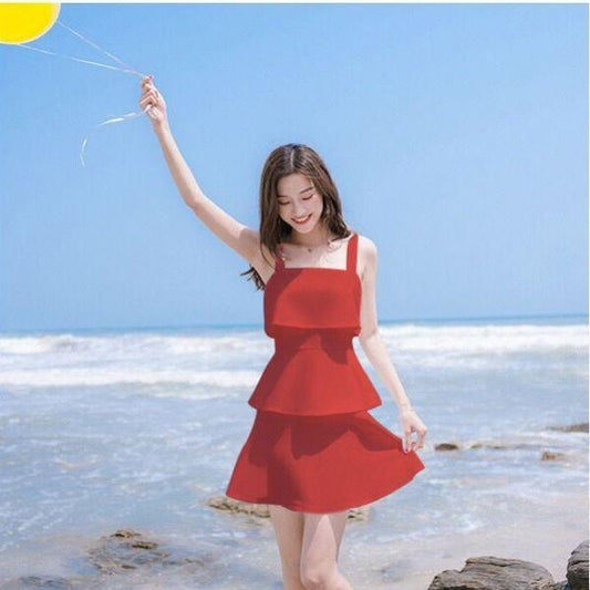 Female Simple and Slim Little Fresh Beach Sling Vest Cake Dress Strapless Foliage Short Graceful Dress