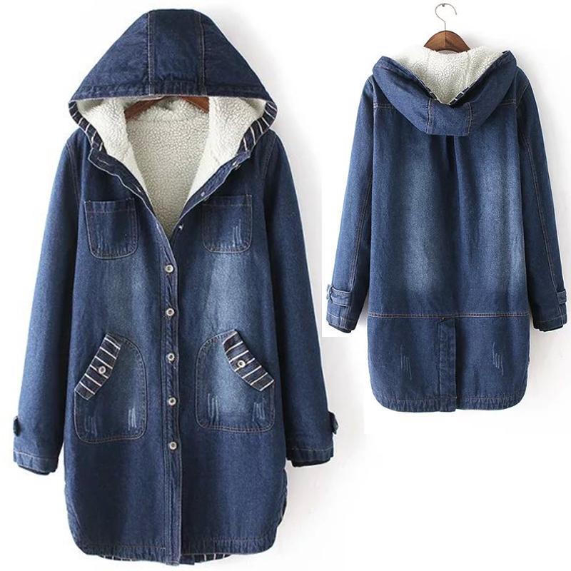 Winter Korean Version of Loose Plus Velvet Thick Denim Jacket Female Lamb Hair Mid-length Winter Warm Hooded Cotton Coat