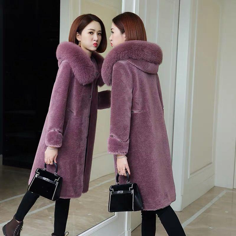 100% Cashmere Overcoat Women's Long Fur Coat Hooded Plus Size Wool Trench Coat with Fox Fur Collar