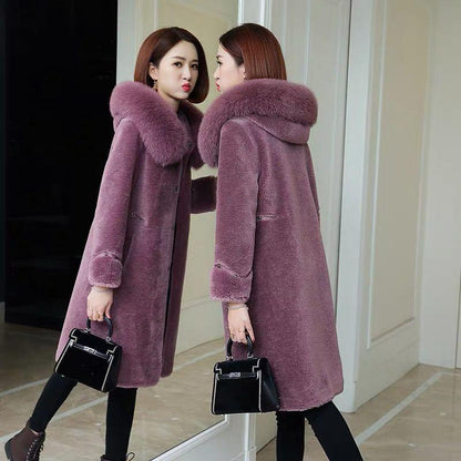 100% Cashmere Overcoat Women's Long Fur Coat Hooded Plus Size Wool Trench Coat with Fox Fur Collar