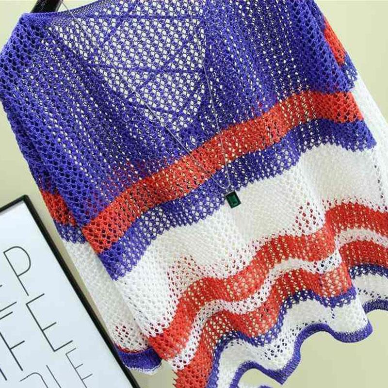 Loose Ice Silk Sunscreen Tops Thin Hollow Knitted Blouses Women's Casual Tops Personality Hollow Color Matching Sweet Pullovers