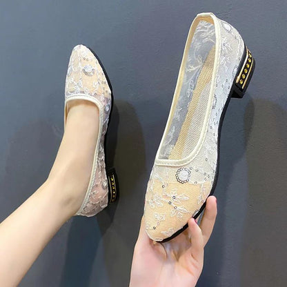 Women's Summer Cloth Shoes Flat Mesh Hollow Shoes Mid-heel Sandals