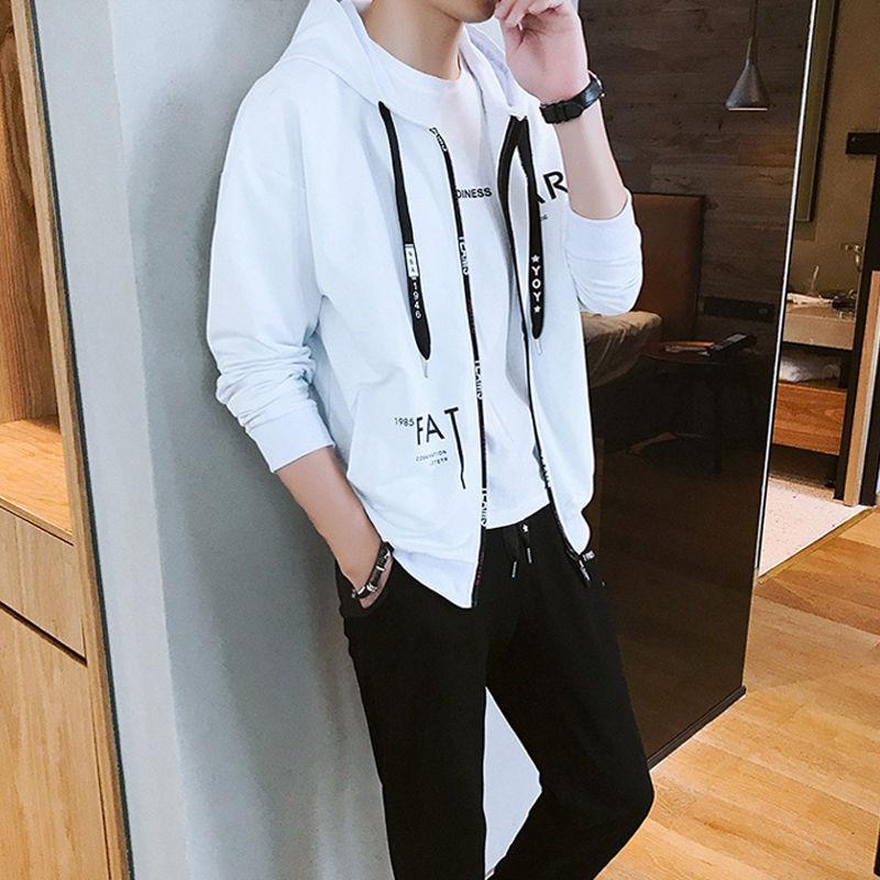 Spring and Autumn Men's Sweatshirt Set Korean Slim Jacket Hooded Sportswear Clothes + Pants