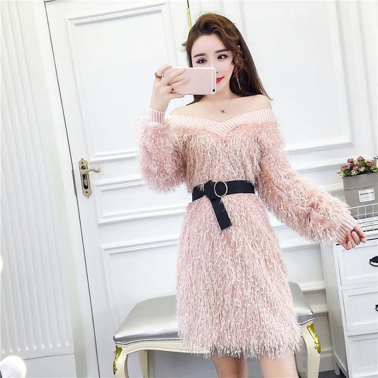 Autumn Celebrity Fashion Dress V-neck Strapless Fringed Blouse Waist Loose Long-sleeved Sweater Women