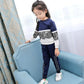 Children's Spring and Autumn 2-piece Sports Suit Korean Lace Stitching Top + Striped Letter Printed Trousers Set