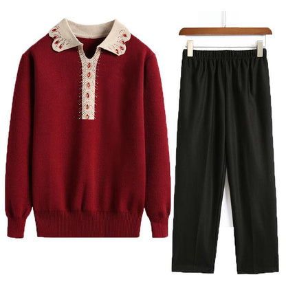 Spring and Autumn Suit Sweater Women's Loose Large Size Lapel Sweater Bottoming Shirt Pants