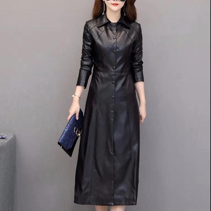 Winter Women's Leather Jacket Fashion Slim Long Section Over-the-knee Leather Jacket Thicken Warm Large Size Leather Jacket
