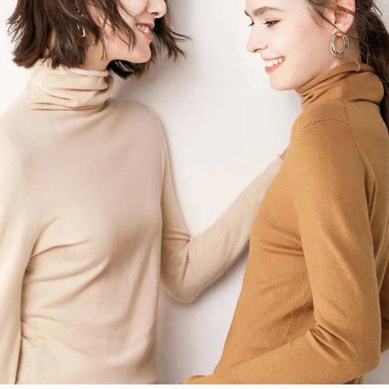 Pofulove Women Turtleneck Pullover Sweater warm loose soft Jumper Winter lady Knitted sweater pink