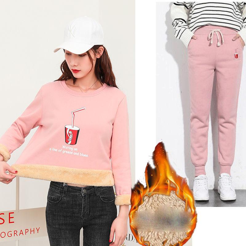 2pcs/set Women Fleece Liner Sweatshirt Tracksuit  Winter Casual Loose Jumper Plus Size  Outfits  Outwear