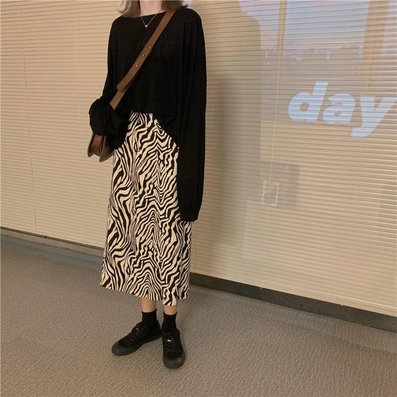 Retro Zebra Patter Skirt Female Spring and Autumn All-match Temperament High Waist Split A-line Skirt Mid-length