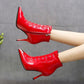Female Autumn and Winter High Heels PU Upper Metal Decoration Pure Color Stiletto Pointed Toe Boots