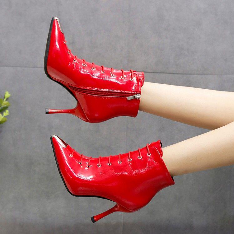 Female Autumn and Winter High Heels PU Upper Metal Decoration Pure Color Stiletto Pointed Toe Boots