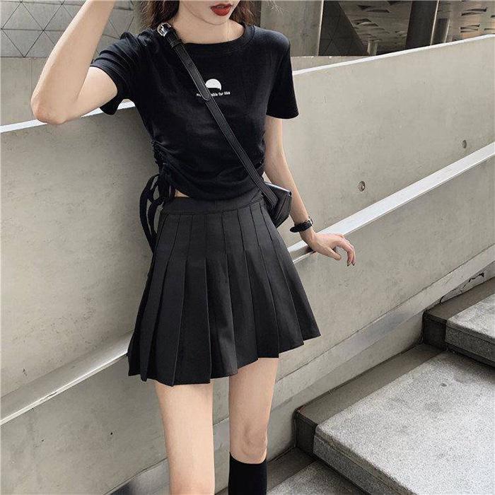 Women High Waist Thin Pleated Skirt School Uniforms Anti-lightening Solid Color Mini A-line Skirt