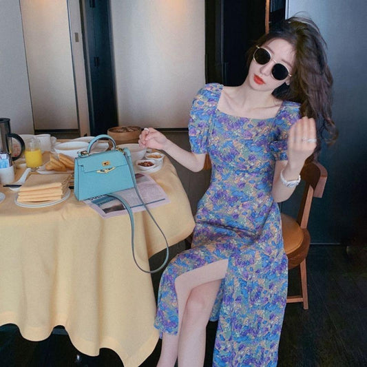 Elegant Purple Bubble Sleeves for Women In Spring and Summer with Split Air and Fragmentary Chiffon Long Dress