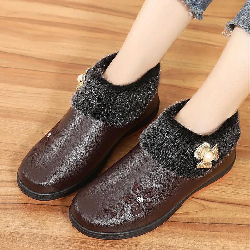 Winter Cotton Shoes Women PU Waterproof Non-slip Thick Warmth and Cotton Leather Boots Flat Shoes Women