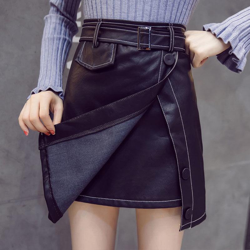 S-XXXXLLeather Skirt Women's Sexy Glossy PU Leather Belt Button Zipper Split Mini Skirt Mid Waist A-line Pencil Skirts